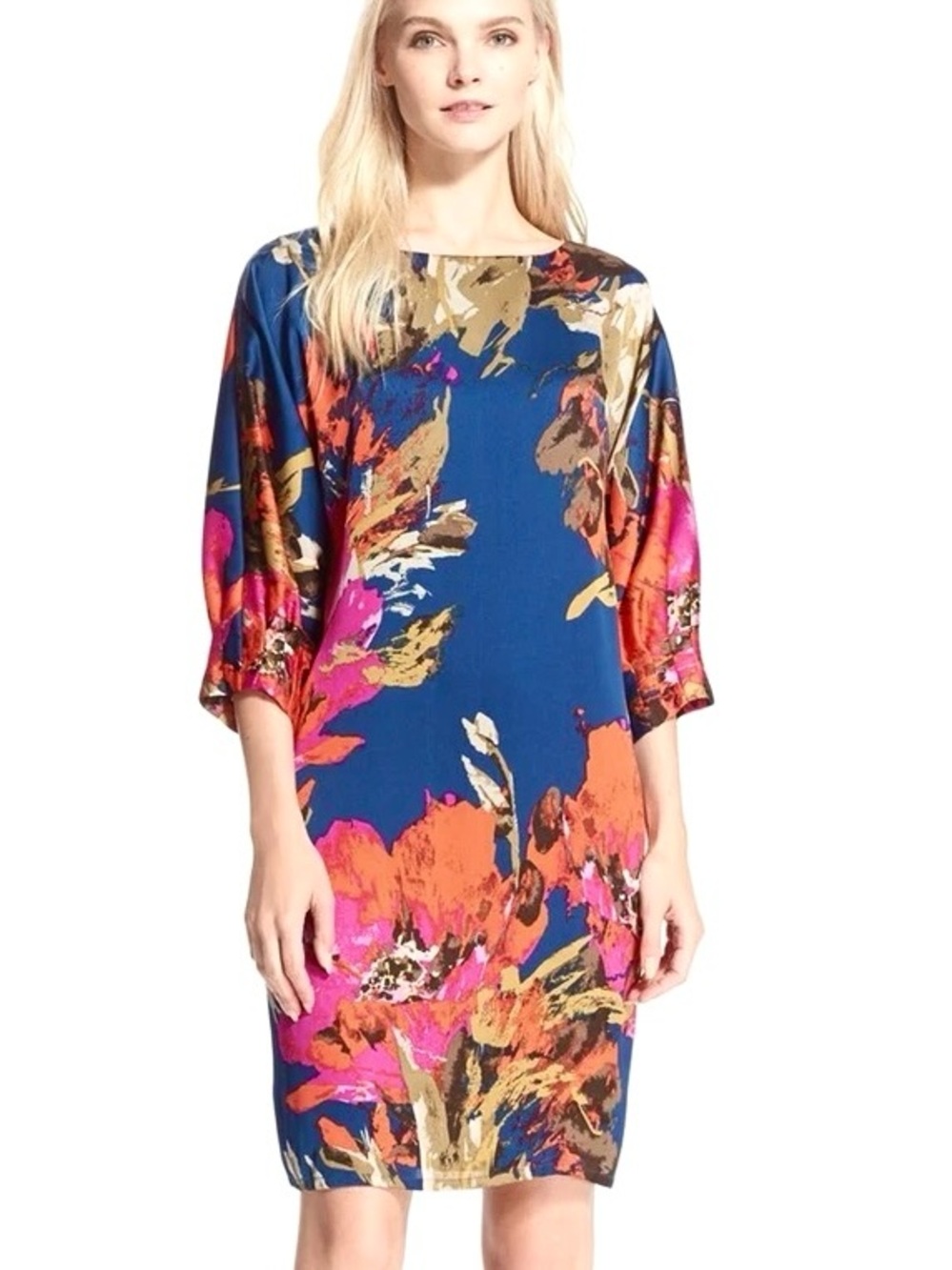 Trina Turk Navy Blue Silk Satin Caftan Style V-Back Floral Print Midi Dress M - Picture 14 of 14